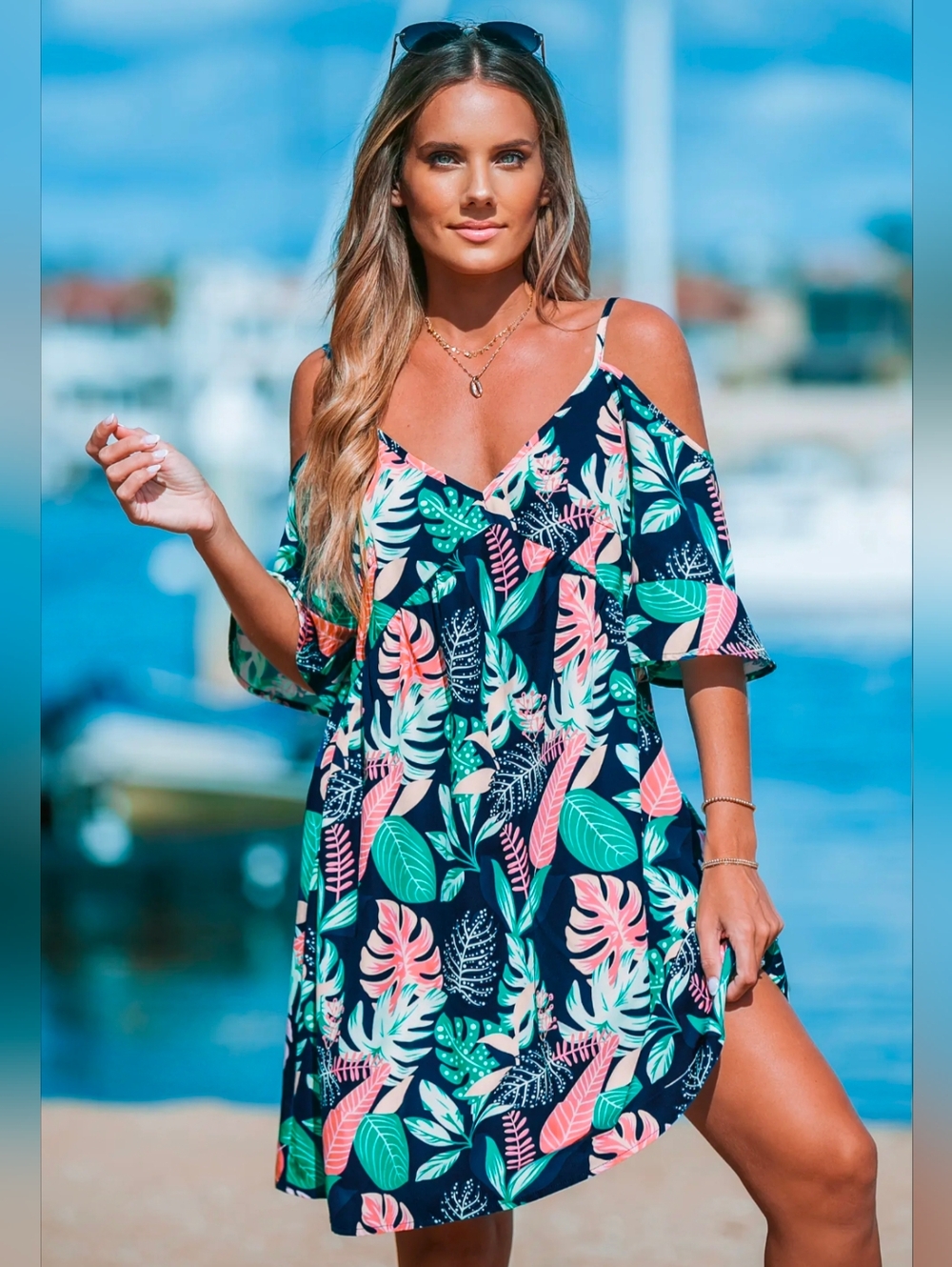 🎆 Popvil Tropical Leaf Cold‑Shoulder Size XS (Fits Small) – NWT